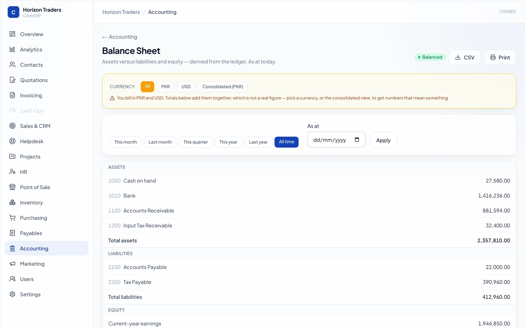 Balance sheet report generated live from the general ledger