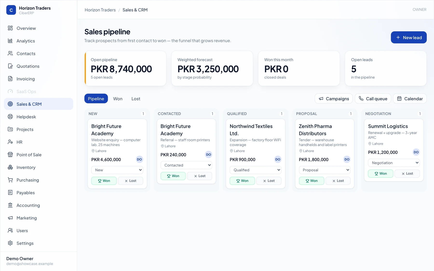 Sales and CRM pipeline with leads, deals and activity tracking