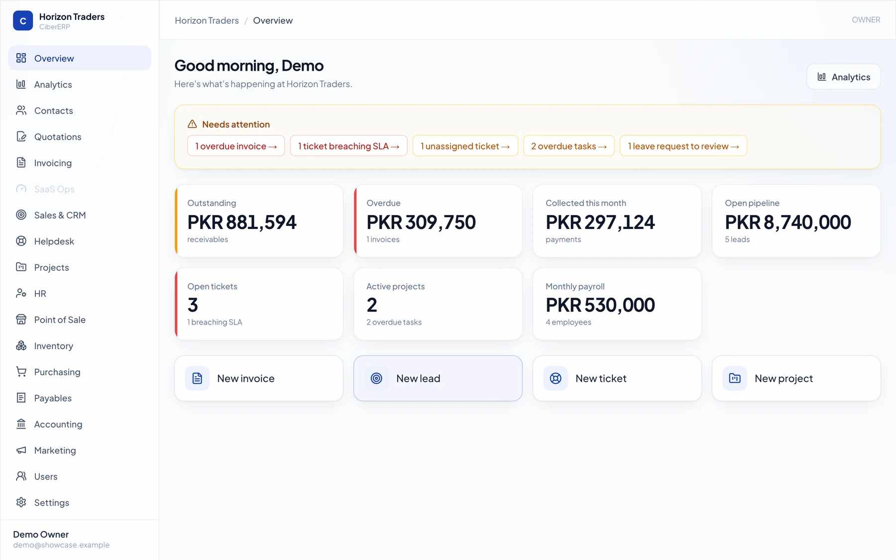 CiberERP owner dashboard: receivables, collections, pipeline and payroll tiles with a needs-attention strip